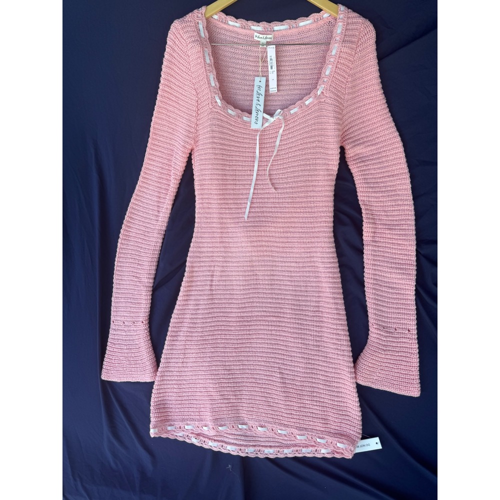 For Love & Lemons Pink Crochet Mini Dress Ribbon Long Sleeve L NWT